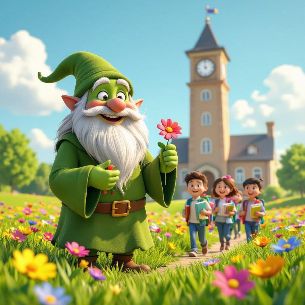 Friendly Green Hermit Welcomes Students to School in Cartoon...