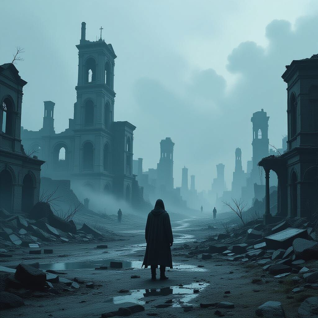 Desolate Figure in Ruins: Cinematic Landscape