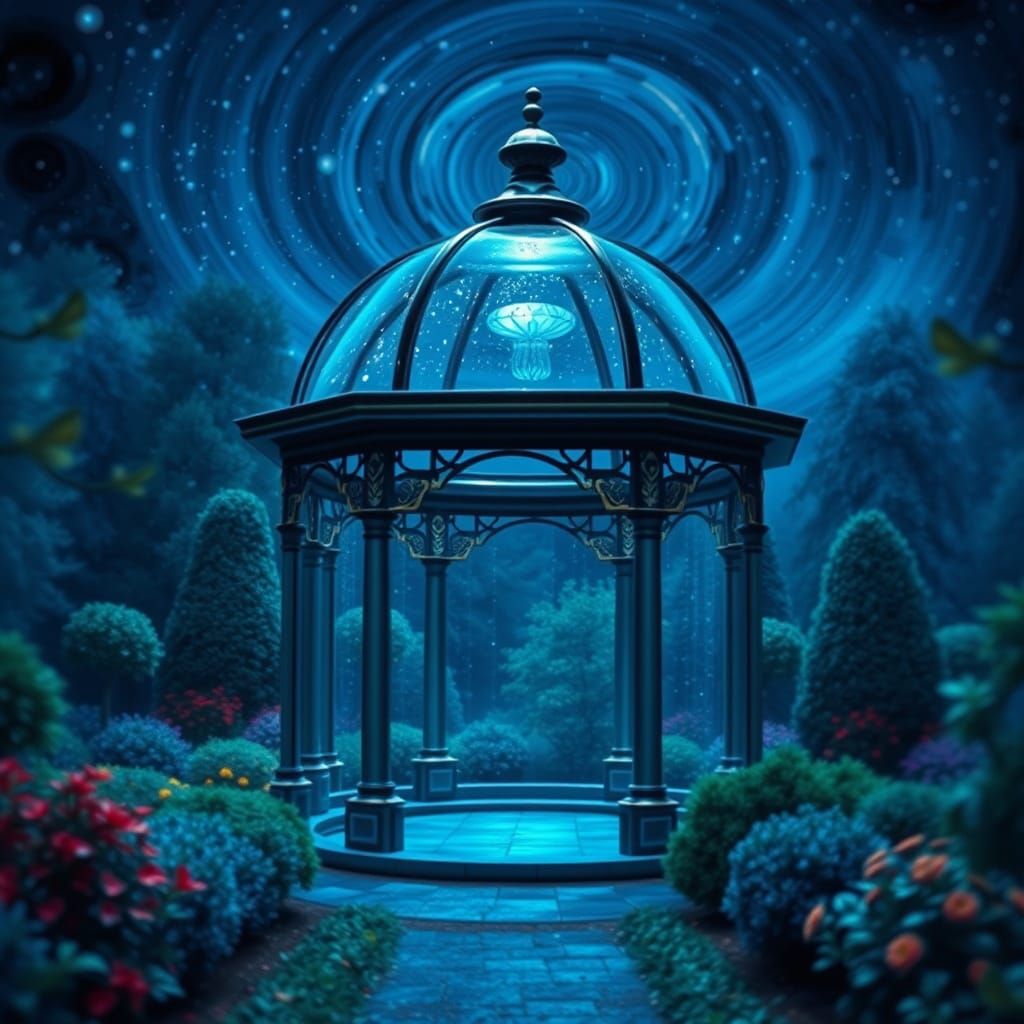 Iridescent Glass Gazebo in Cosmic Garden Night