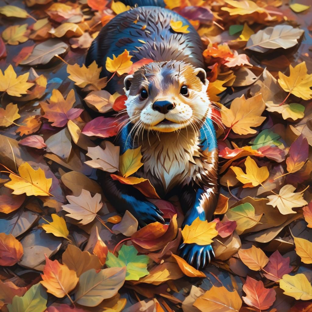 Happy Otter Plays in Autumn Leaves: Hyperrealistic Art