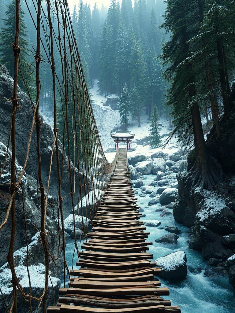 Winter Suspension Bridge in Majestic Cypress Forest