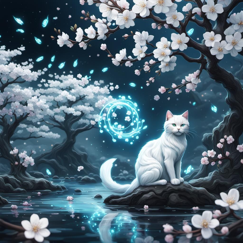 Bioluminescent Porcelain Nekomata with Cherry Blossoms
