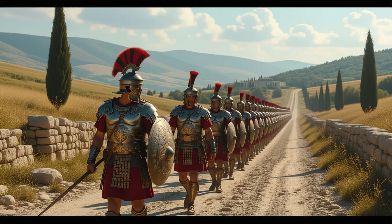 Roman Legionnaires Marching on Ancient Road
