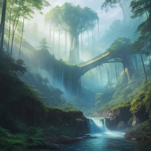 Majestic Waterfall in Lush Fantasy Forest