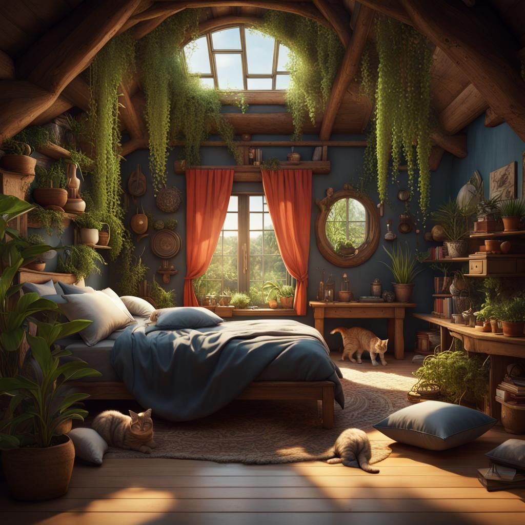 Cozy Cat-Filled Bedroom in Detailed Matte Painting