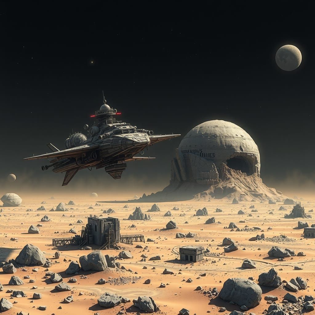 Industrial Spaceship Over Alien Megastructure in Moebius Sty...