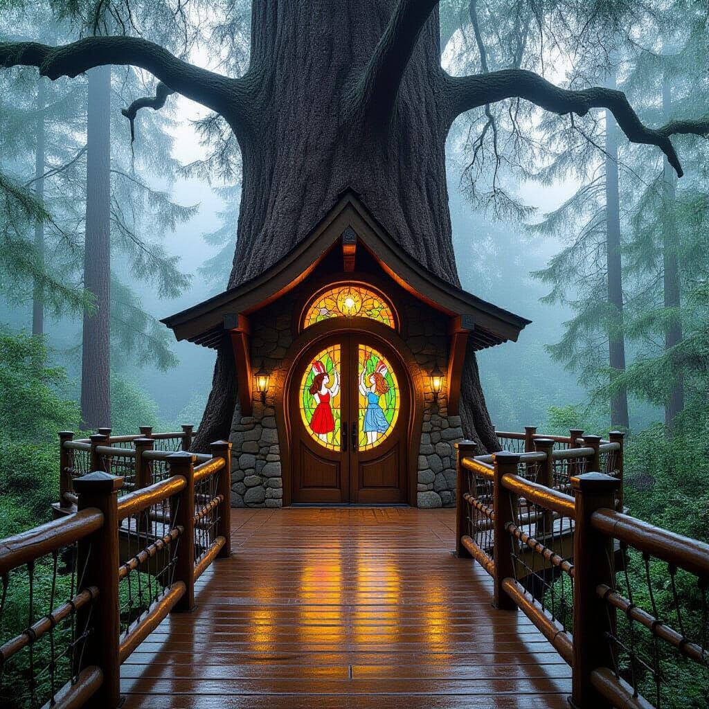 Misty Forest Tree with Stained Glass Door