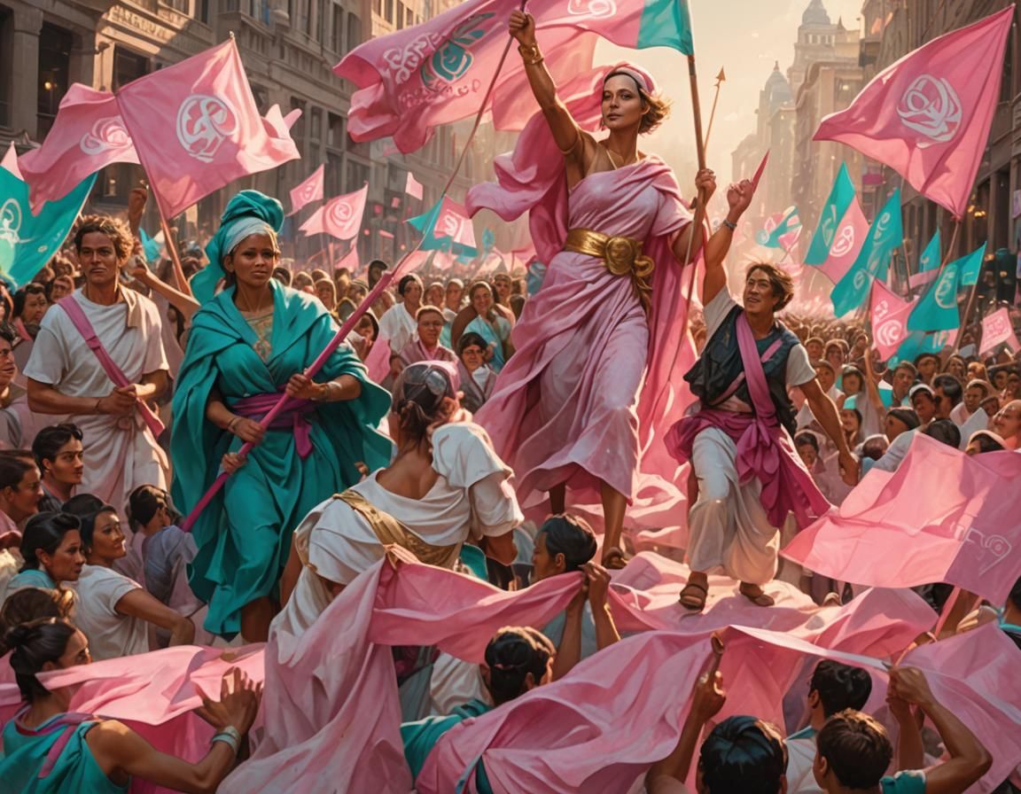 Woman Guides with Pink Flag: Breast Cancer Awareness Art