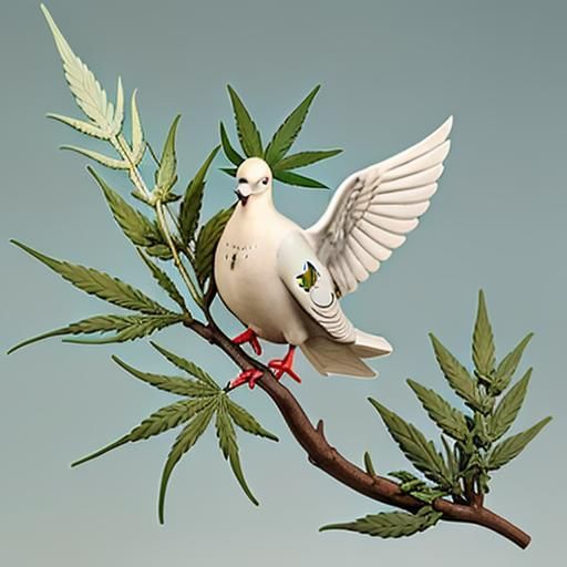 A dove carrying an olive branch with a cannabis leaf replacing the olive, symbolizing peace and the potential benefits o...