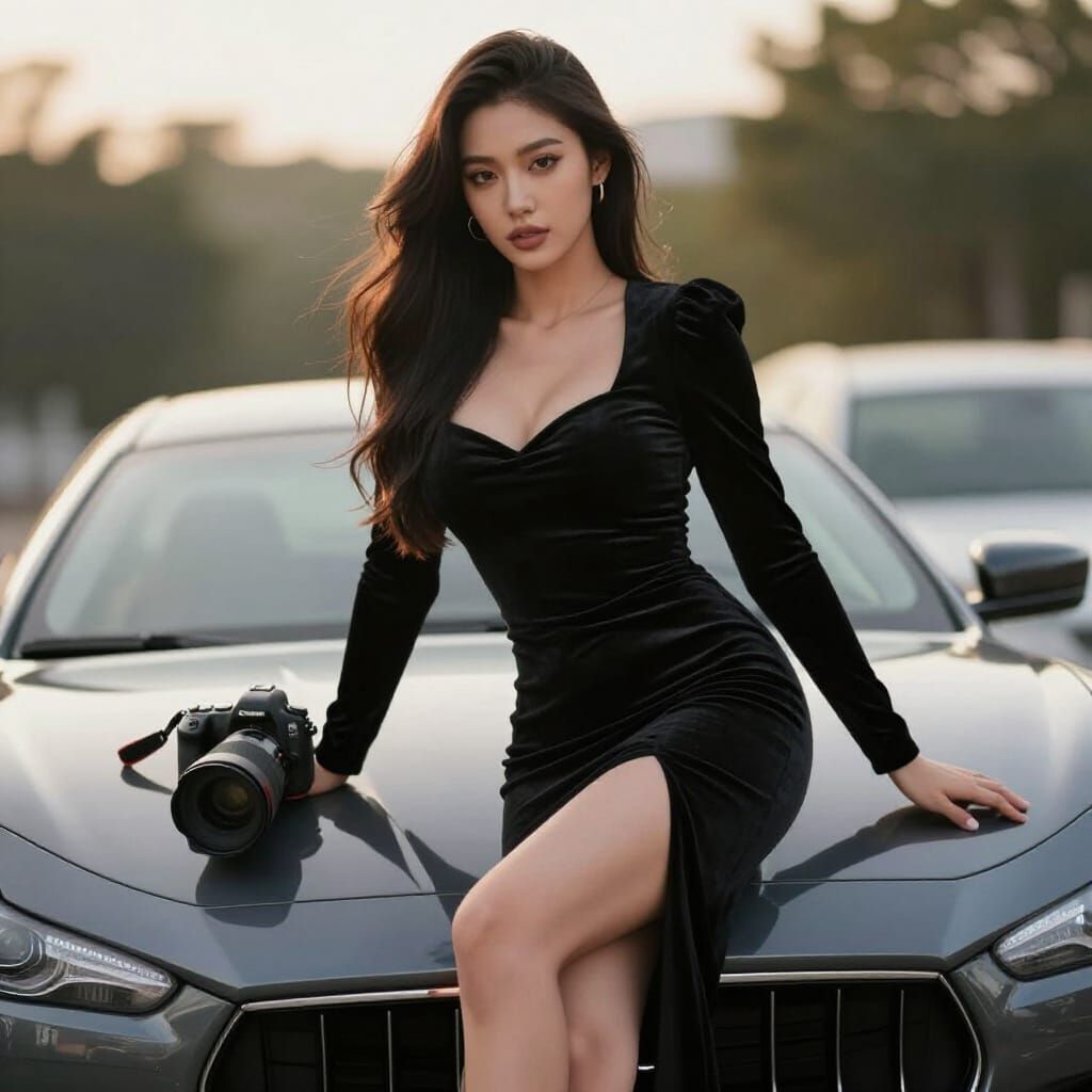 Elegant Woman in Velvet Dress with Maserati at Golden Hour