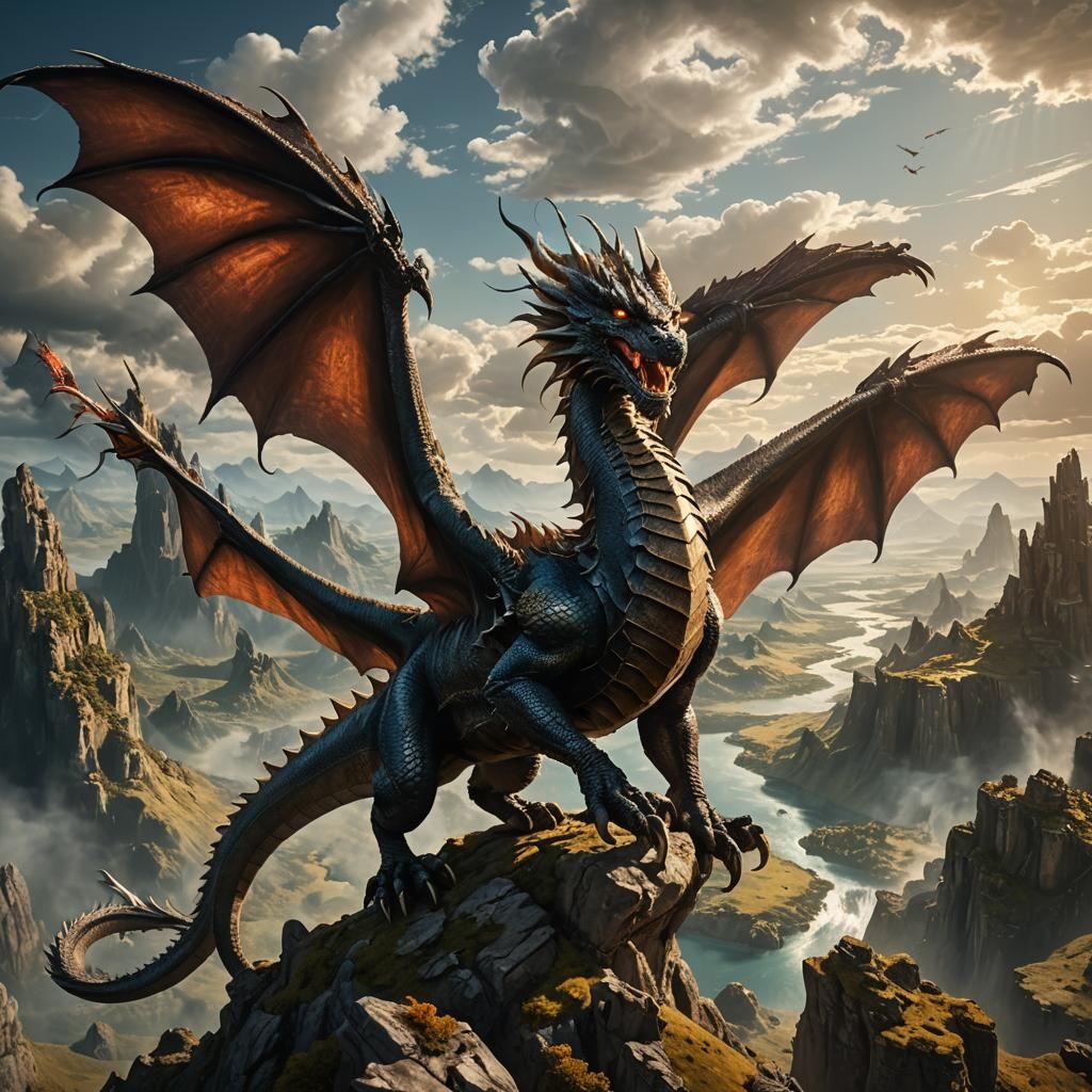 Majestic Dragon Soaring in Ancient Landscape