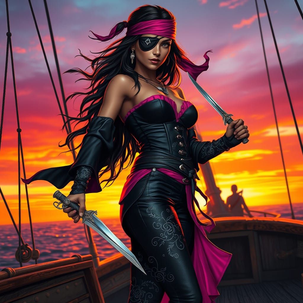 Sultry Pirate Maiden Embodies Freedom on Sunset Horizon
