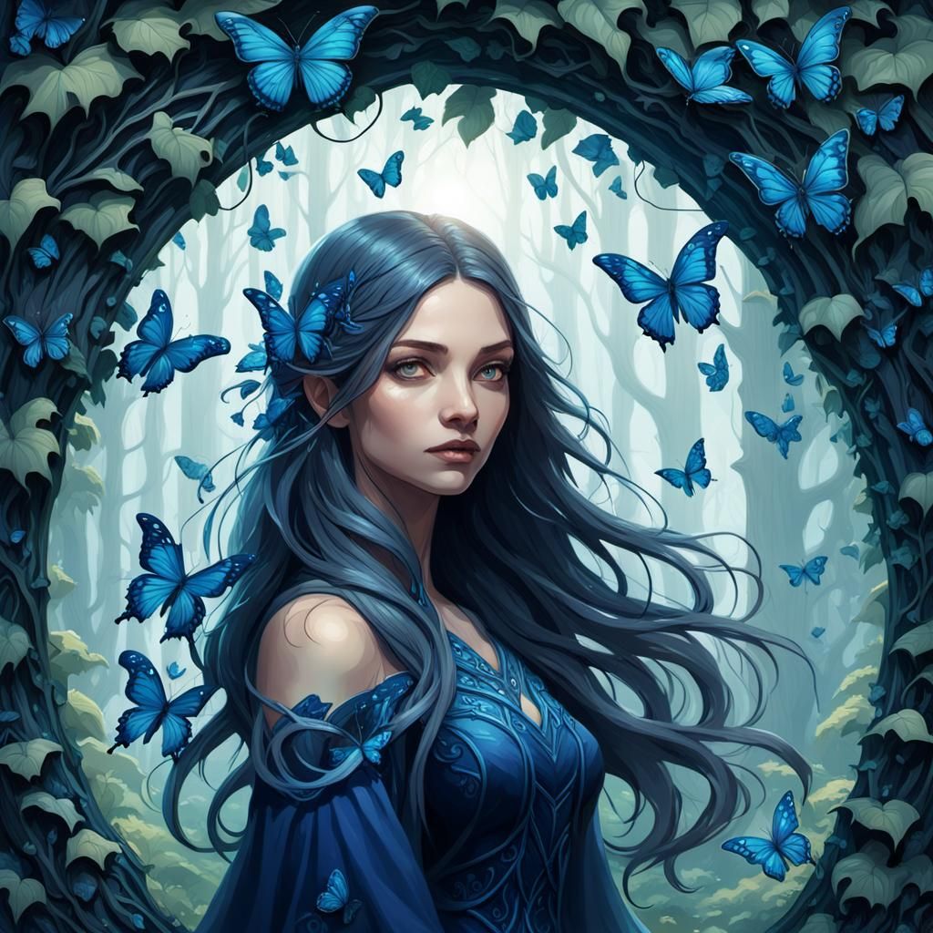 Girl in Forest Archway with Blue Butterflies, Art Nouveau St...