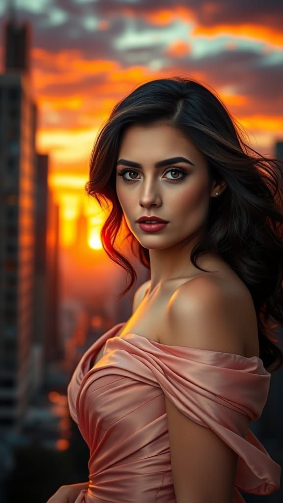 /imagine prompt: A stunning woman with intense gaze and elegant expression, standing against a vibrant cityscape at suns...