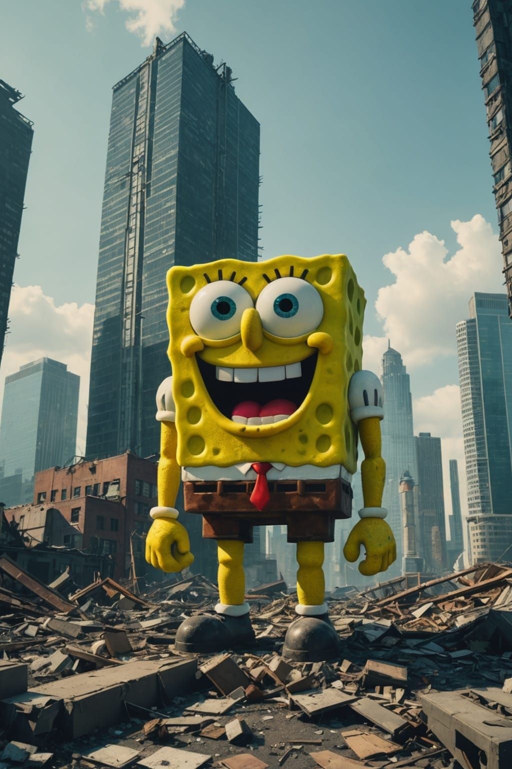 Giant SpongeBob Dominates Wrecked City: Cinematic Still