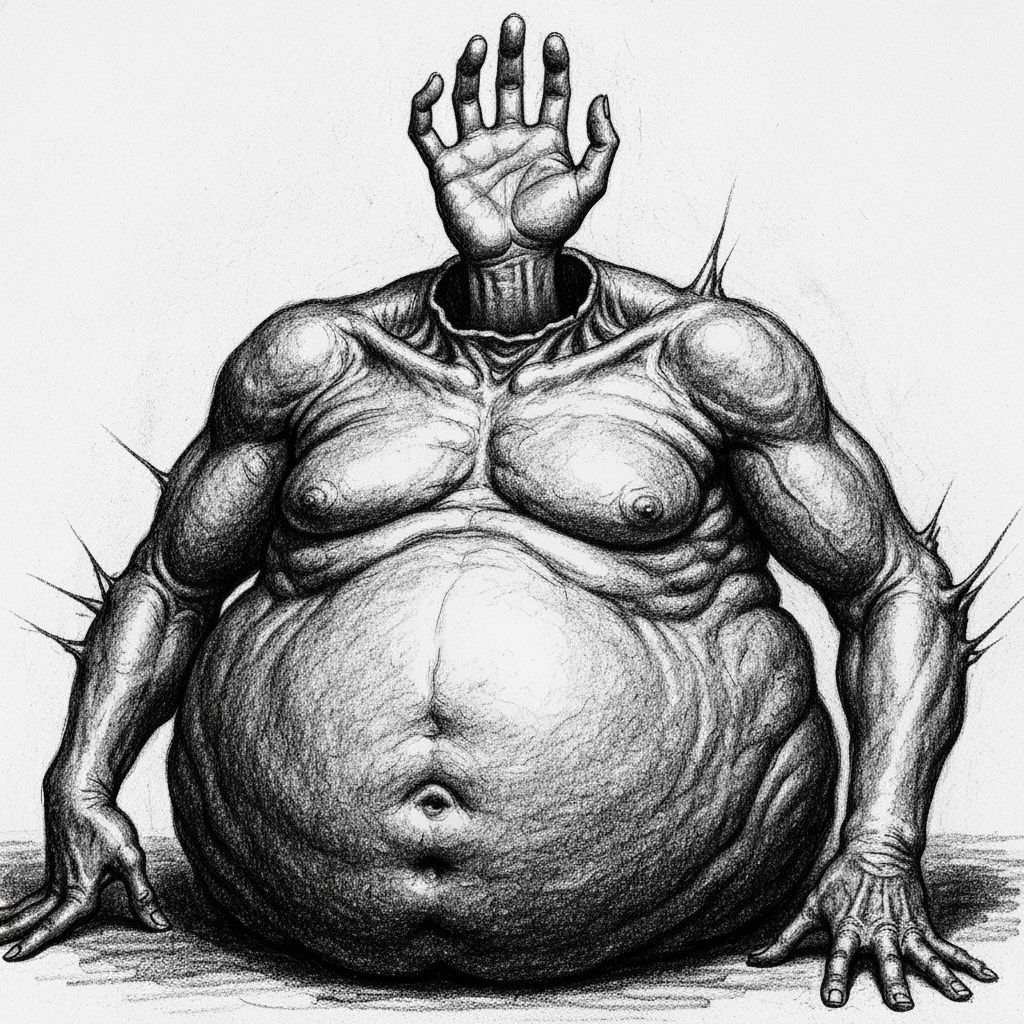 Grotesque Hand-Headed Giant in Gritty Charcoal Style