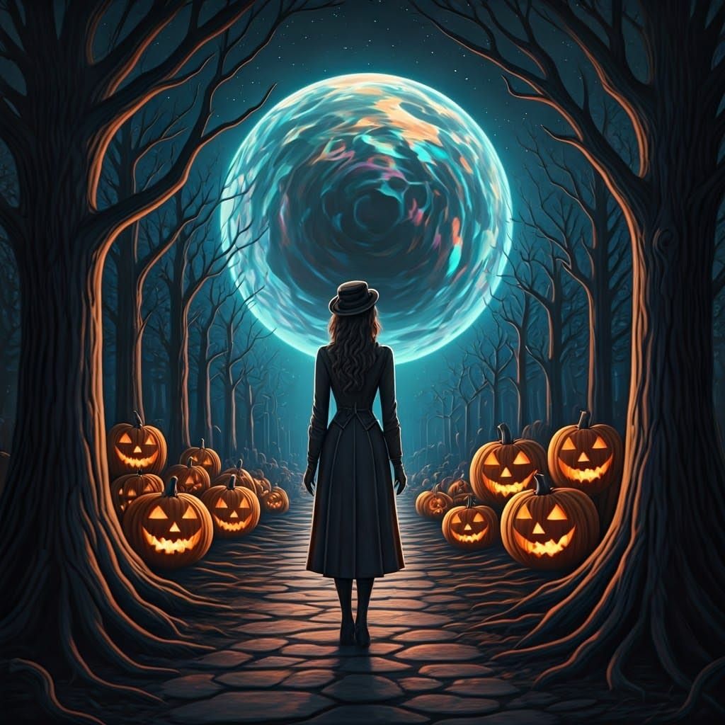 Cosmic Halloween Night: Victorian Woman and Jack-o-Lanterns