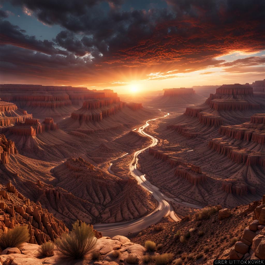 Dramatic Sunset Over Desert Canyon in Photorealistic Style