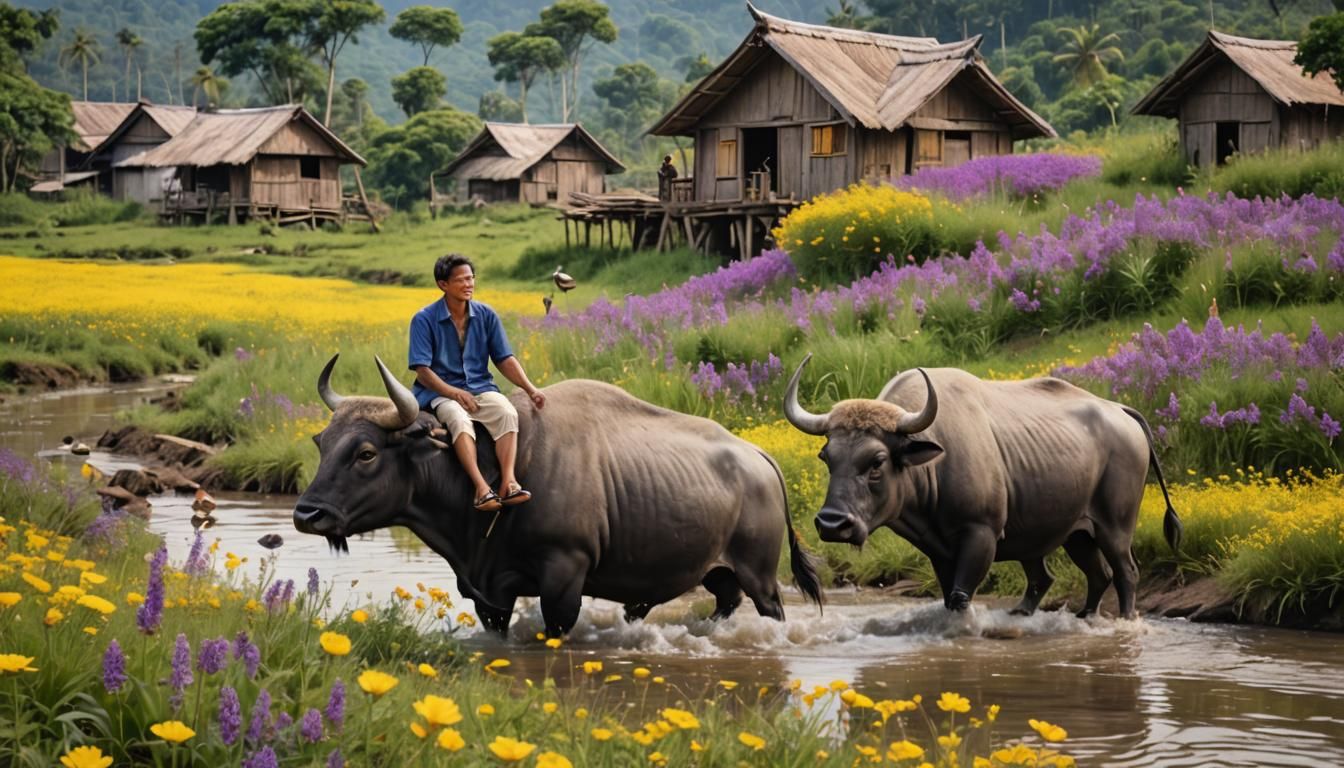 Boy Rides Water Buffalo Through Wildflower Field