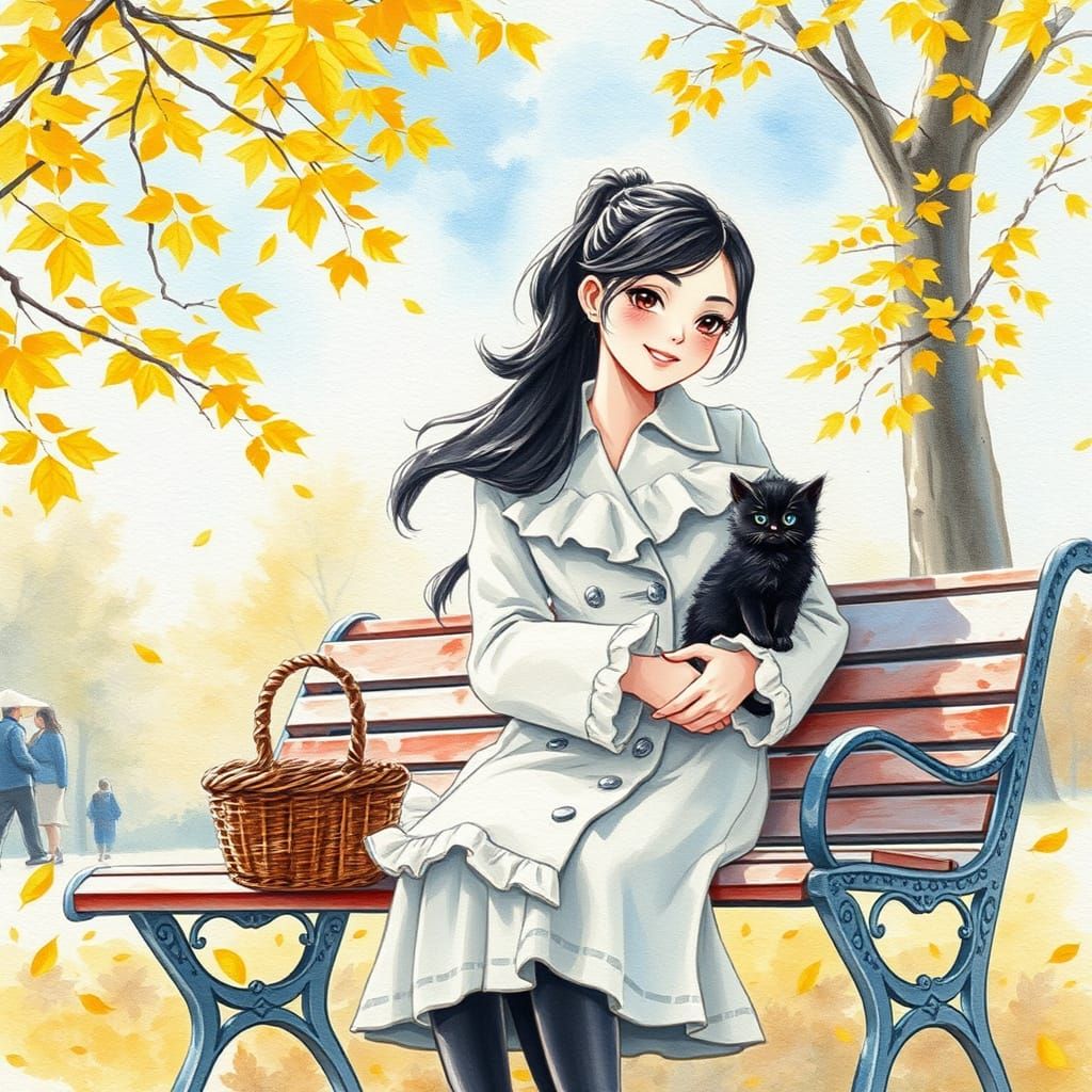 Woman with Kitten in Autumn Park Watercolor Painting