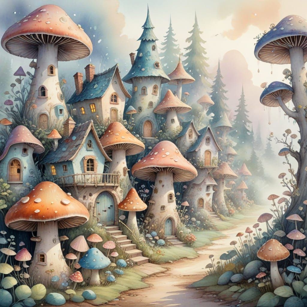 Whimsical Watercolor Village Scene with Mushroom Homes