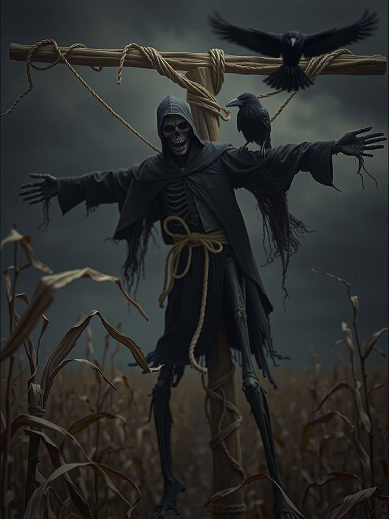 Sinister Scarecrow Effigy in Stormy Cornfield