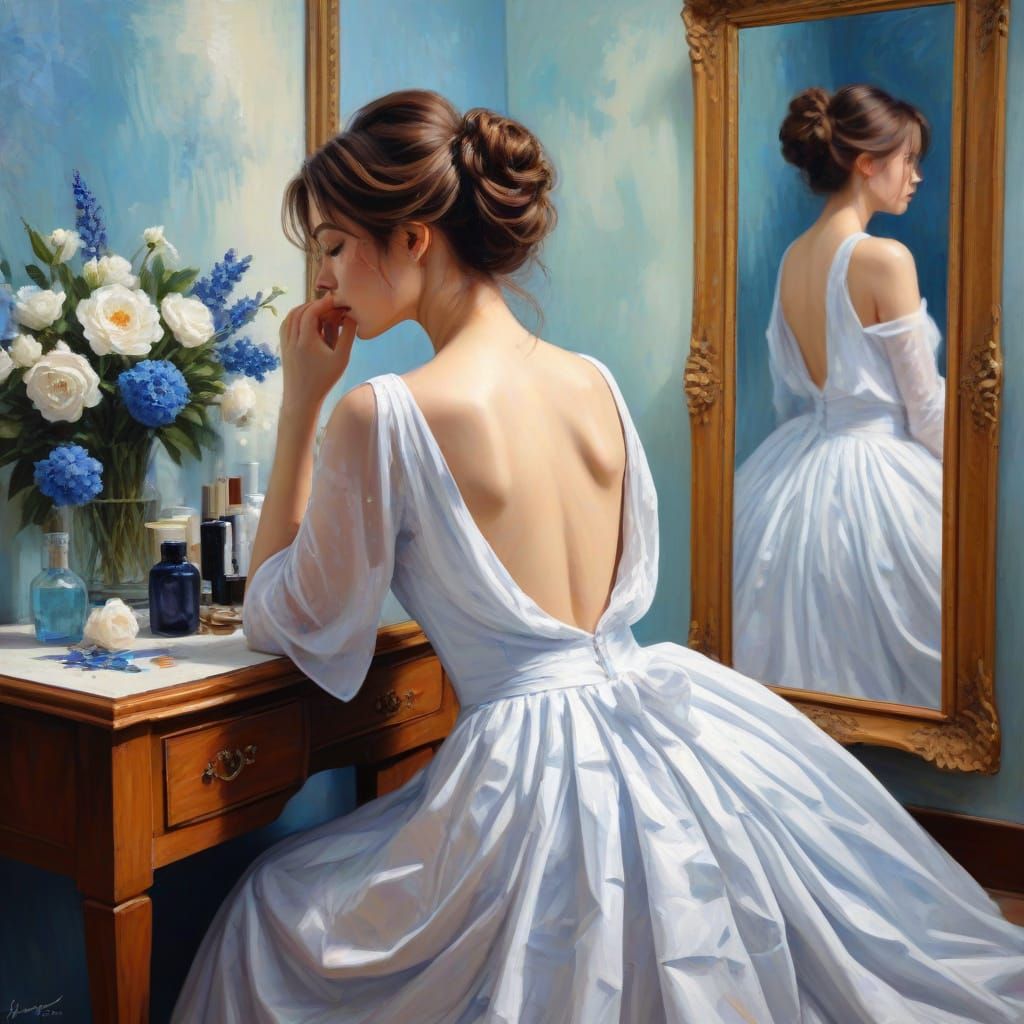 Impressionist Woman at Vanity Adjusting Hair