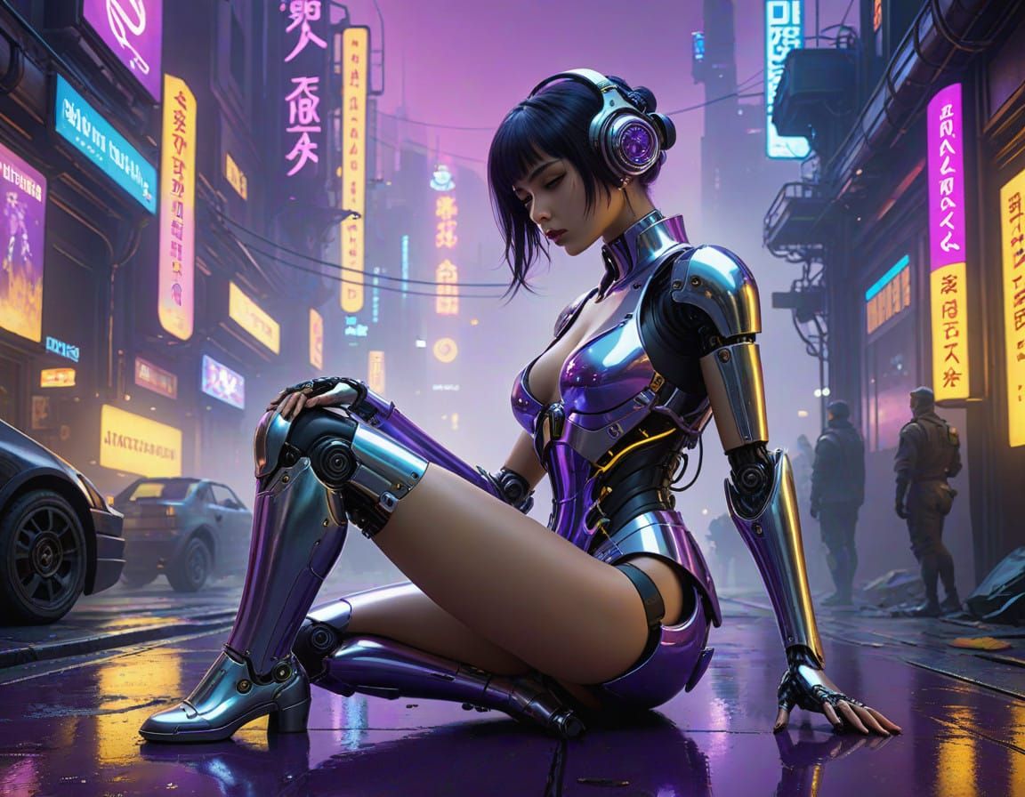 Style Hajime Sorayama. This image features a highly detailed and futuristic female-robotic depicted in a kneeling positi...