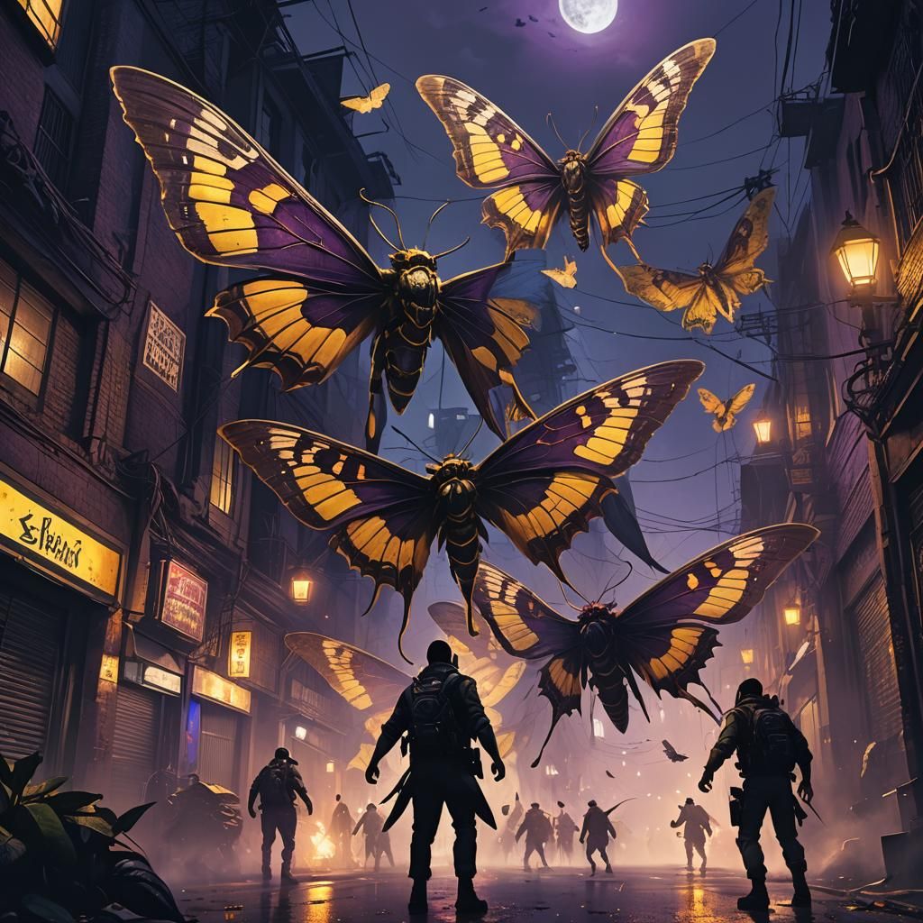 Hunters Battle Giant Moths in Misty Alleyway