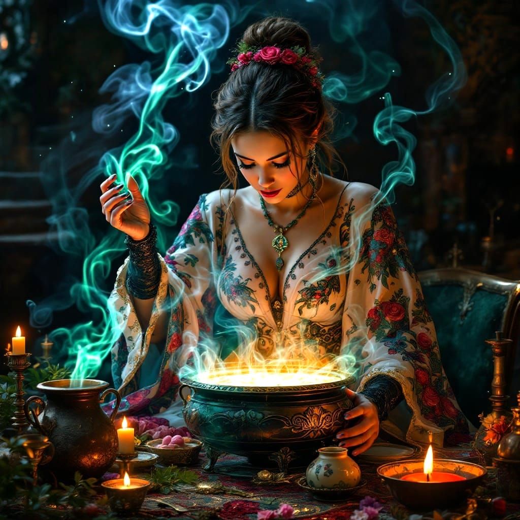 Enchanting Sorceress Pouring Magic: Byzantine Fantasy Art