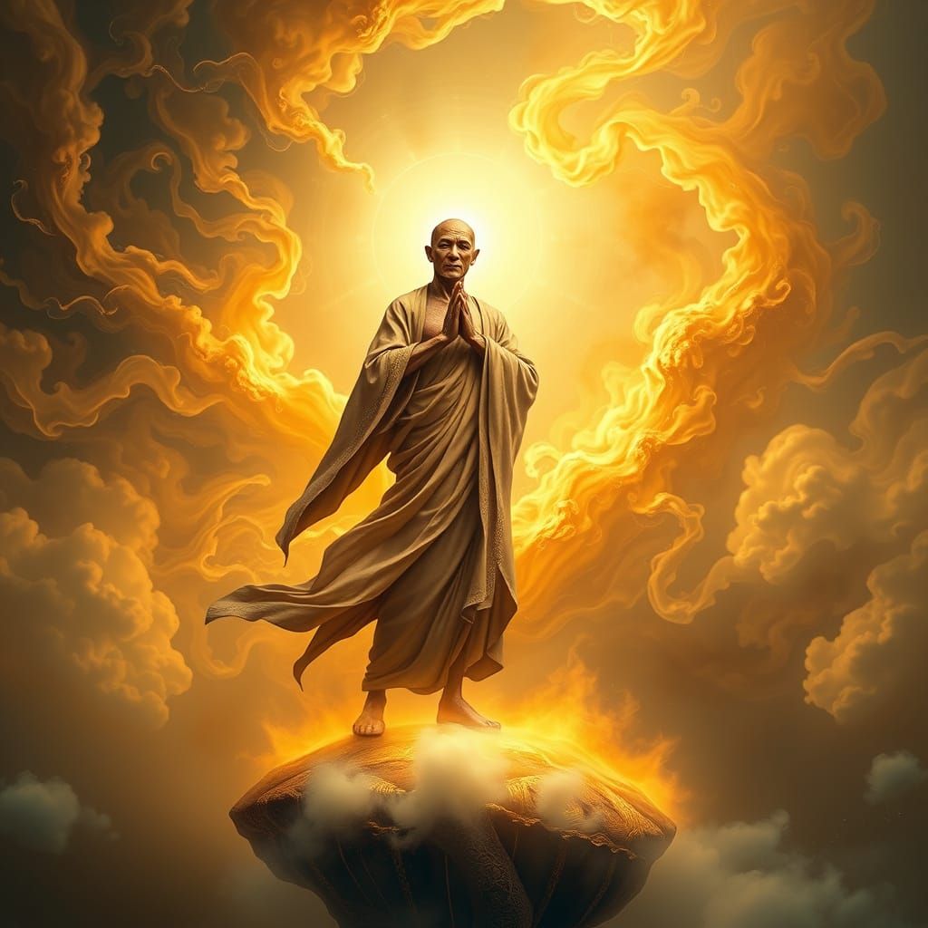 Celestial Monk Amidst Iridescent Clouds in a Surreal Atmosph...