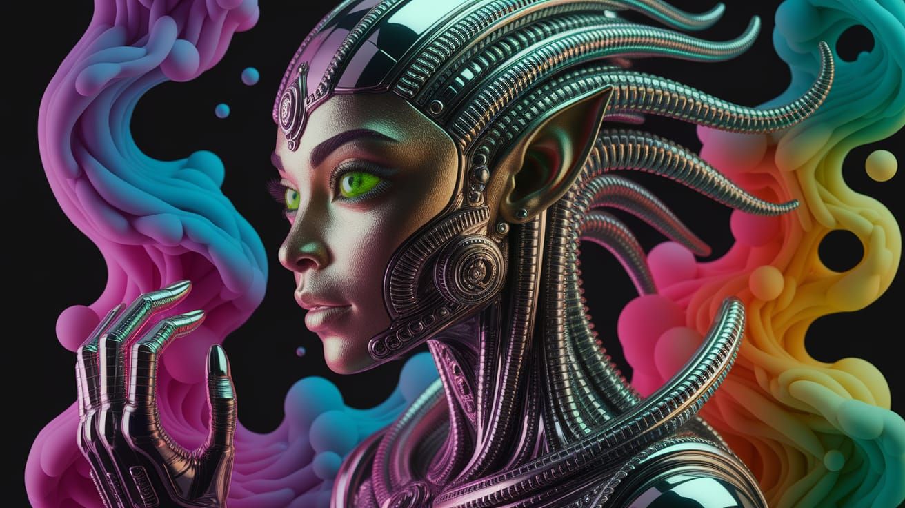 Surreal Alien Goddess in Vibrant Acid Wash