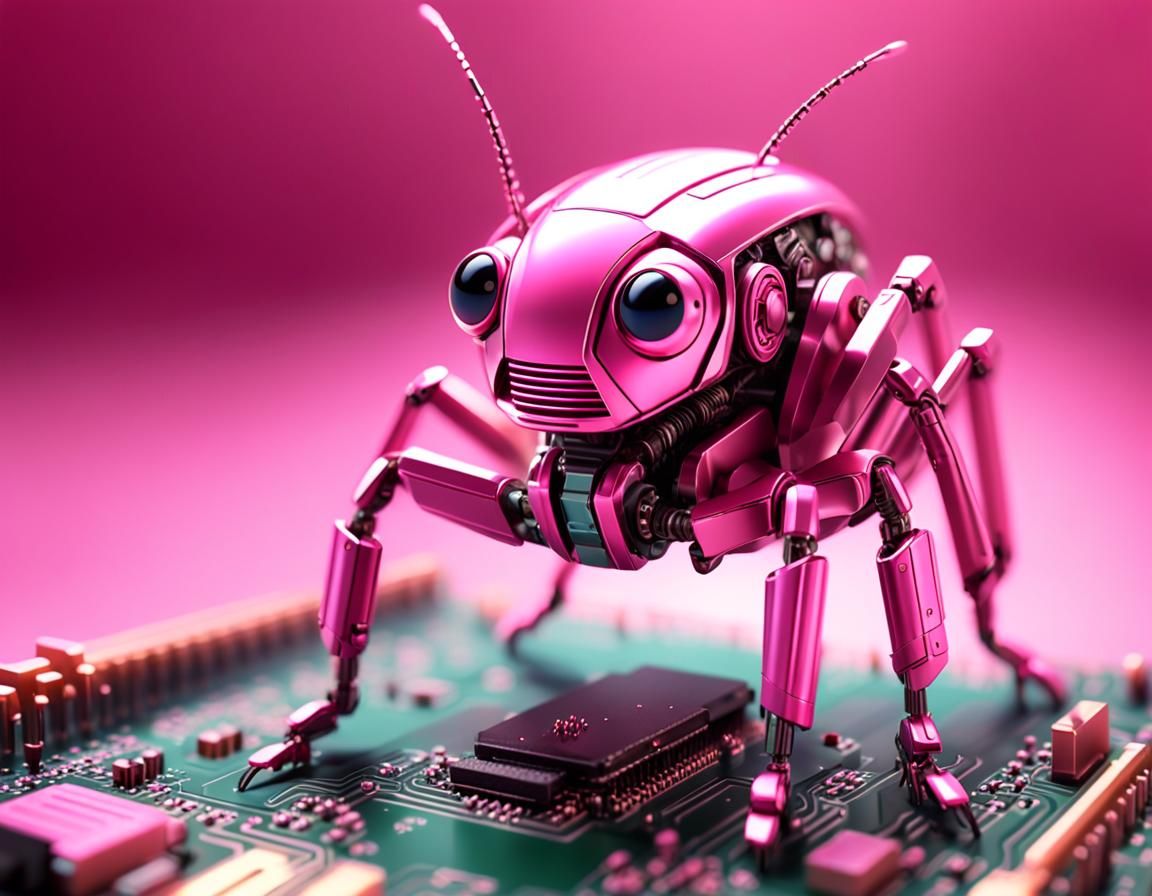 Pink Cricket Robot on Circuit Board, Tilt-Shift Close-Up