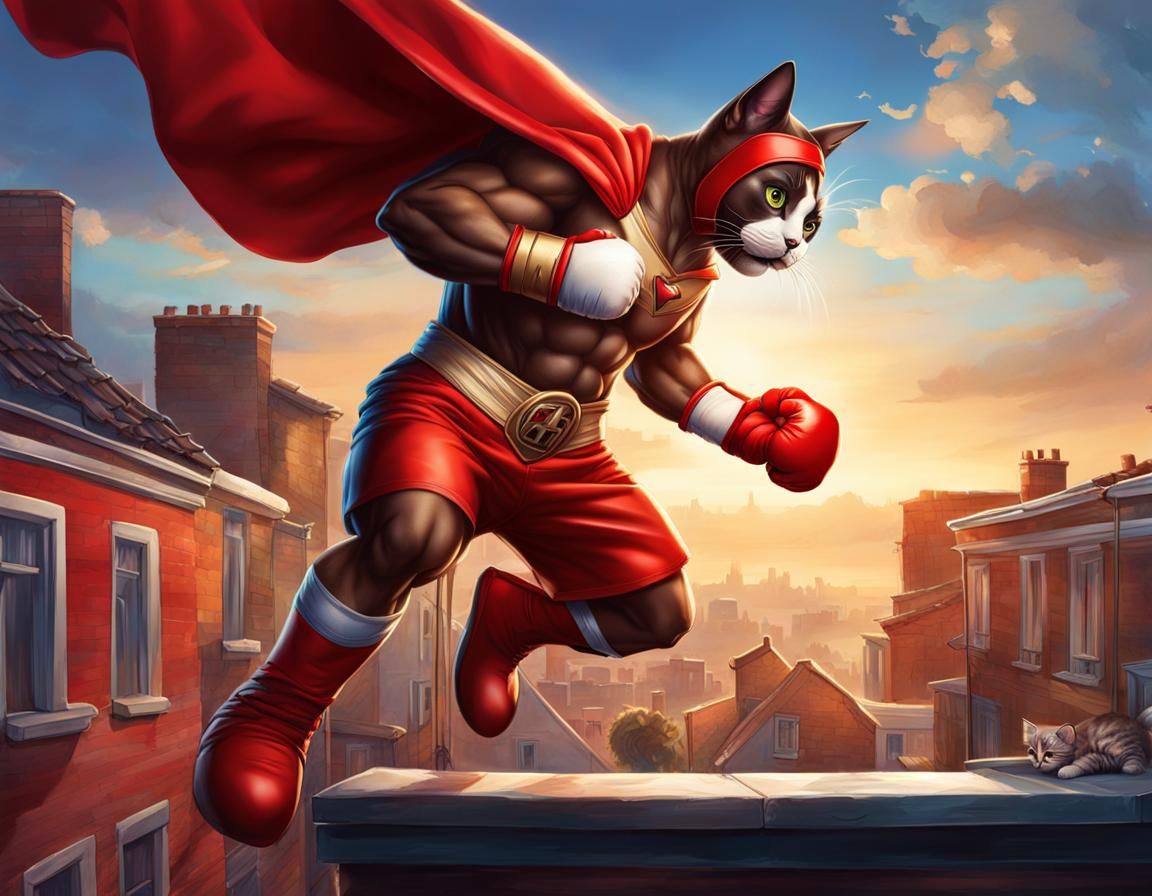 Boxer Superhero Rescues Kitten in Hyperrealistic Art