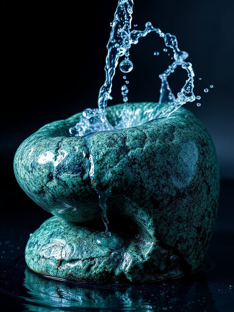Blue-Green Granite Sculpture with Sparkling Water