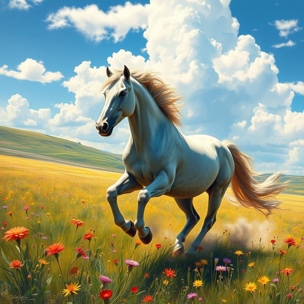 A Majestic Horse Gallops Freely in a Vibrant Wildflower Mead...
