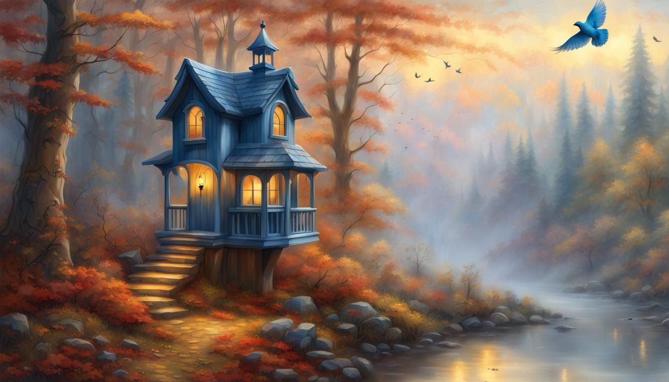 Blue Birdhouse in Autumn Forest, Ethereal Fantasy