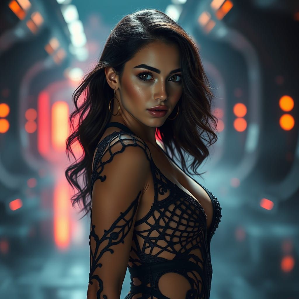 Surreal Woman Reveals Elegant Dress in Futuristic Landscape