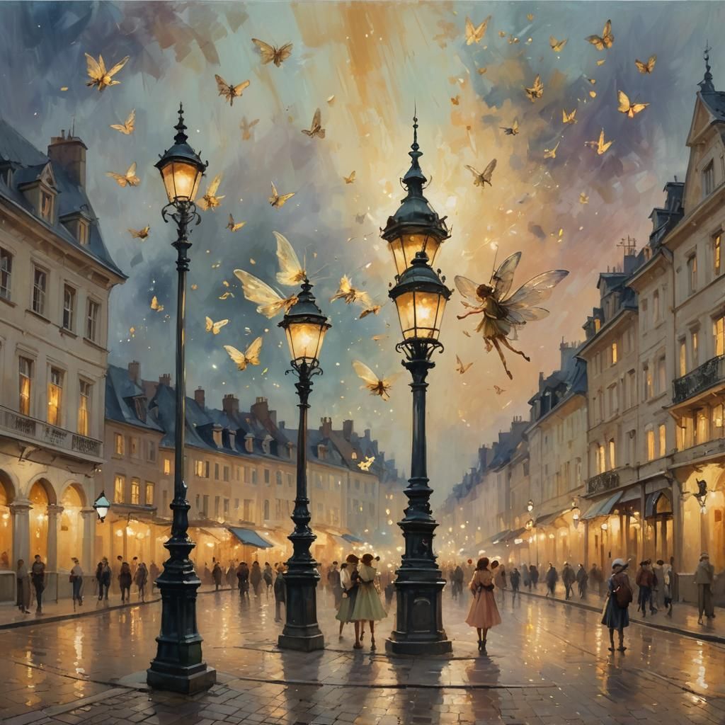 Fairies Gathered in European Town Square, Impressionist Oil ...