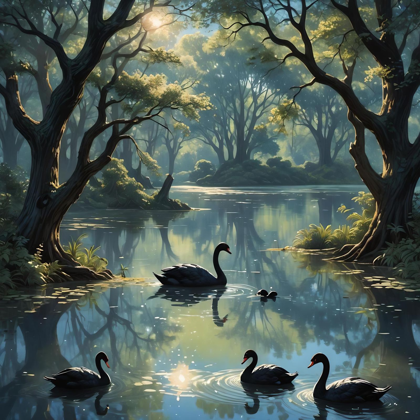 Black Swans on Shimmering Lake: Hyperrealistic Splash Art