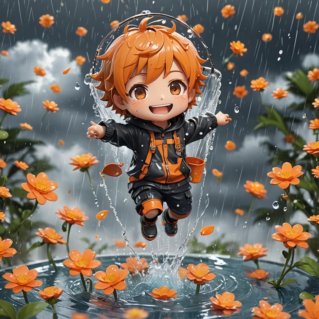 Chibi Orange Jump in Cloudy Juice Pool: 3D Anime Art