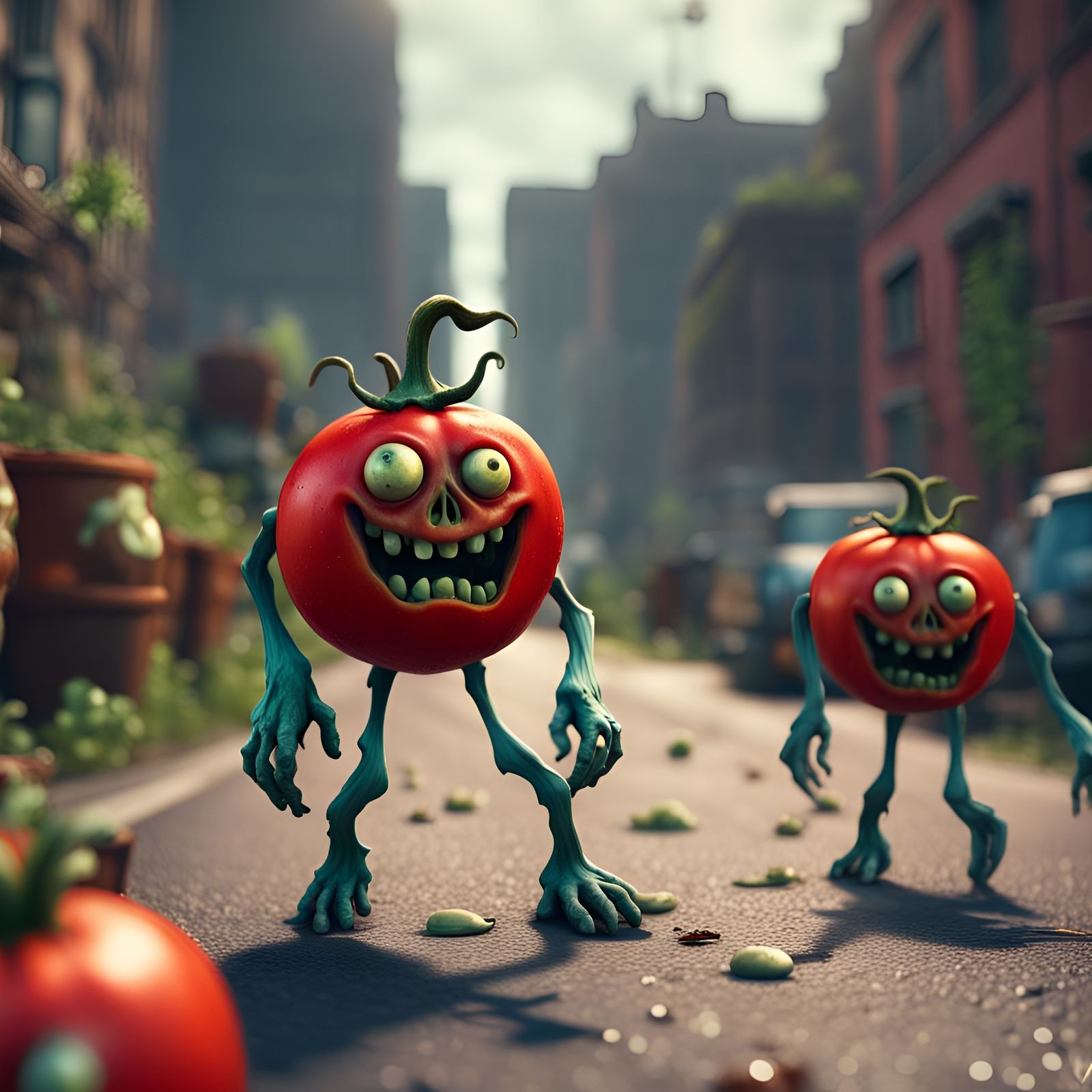 Zombie Tomatoes Amble Through City, Claymation Style