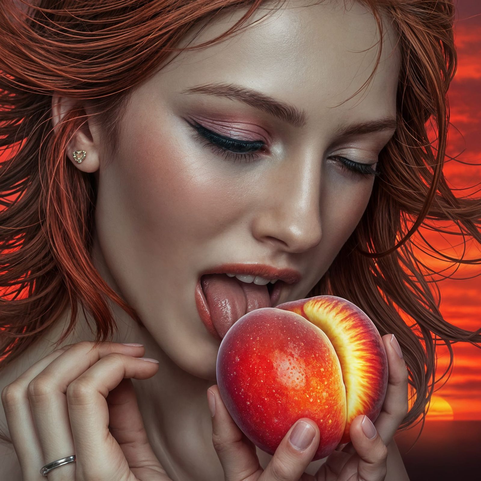 Ethereal Goddess Devours a Juicy Peach in Cosmic Sunset
