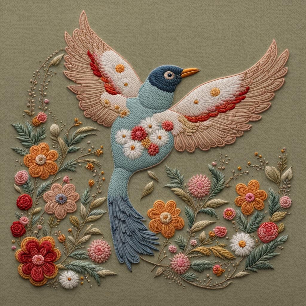 Embroidered Bird with Flowers and Intricate Stitches