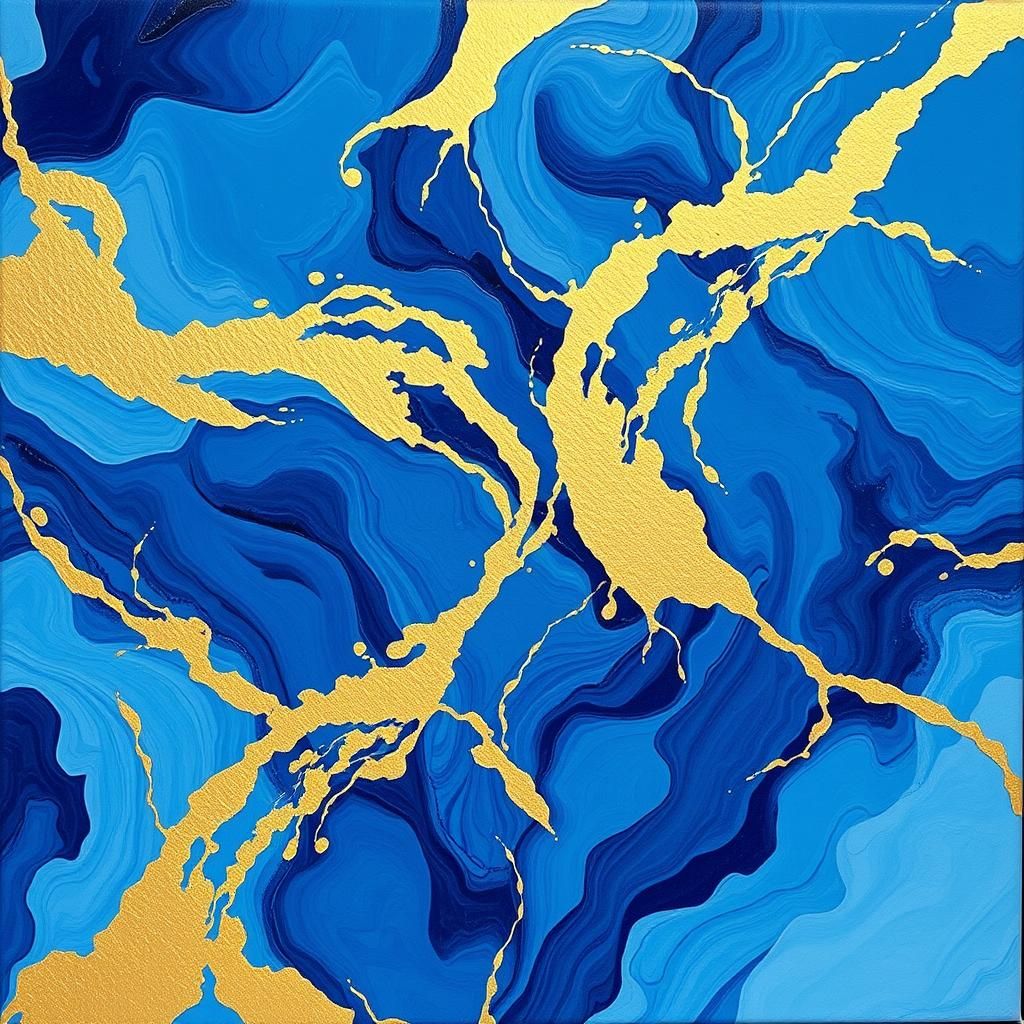 Abstract Art in Blues and Gold: Swirling Patterns and Flouri...