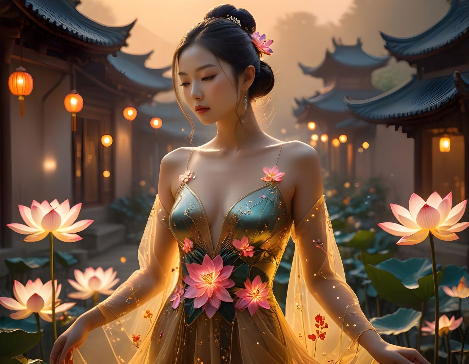 Ethereal Lotus Concubine in Surreal Chinese Landscape