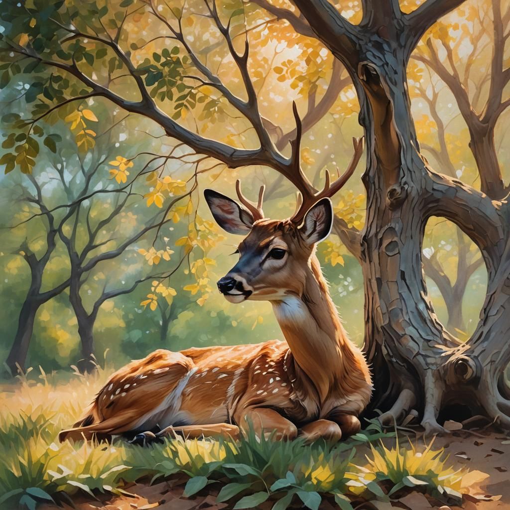 Dreamy Oil Painting of a Deer Sleeping