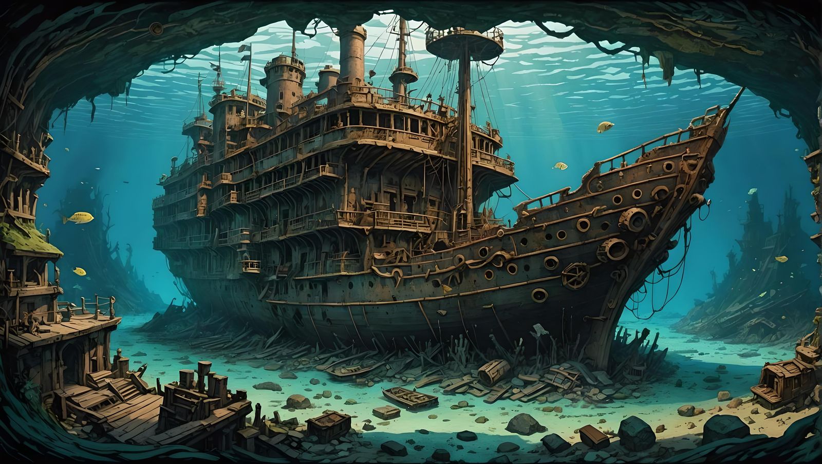 Underwater Steampunk Shipwreck in Ink and Watercolor