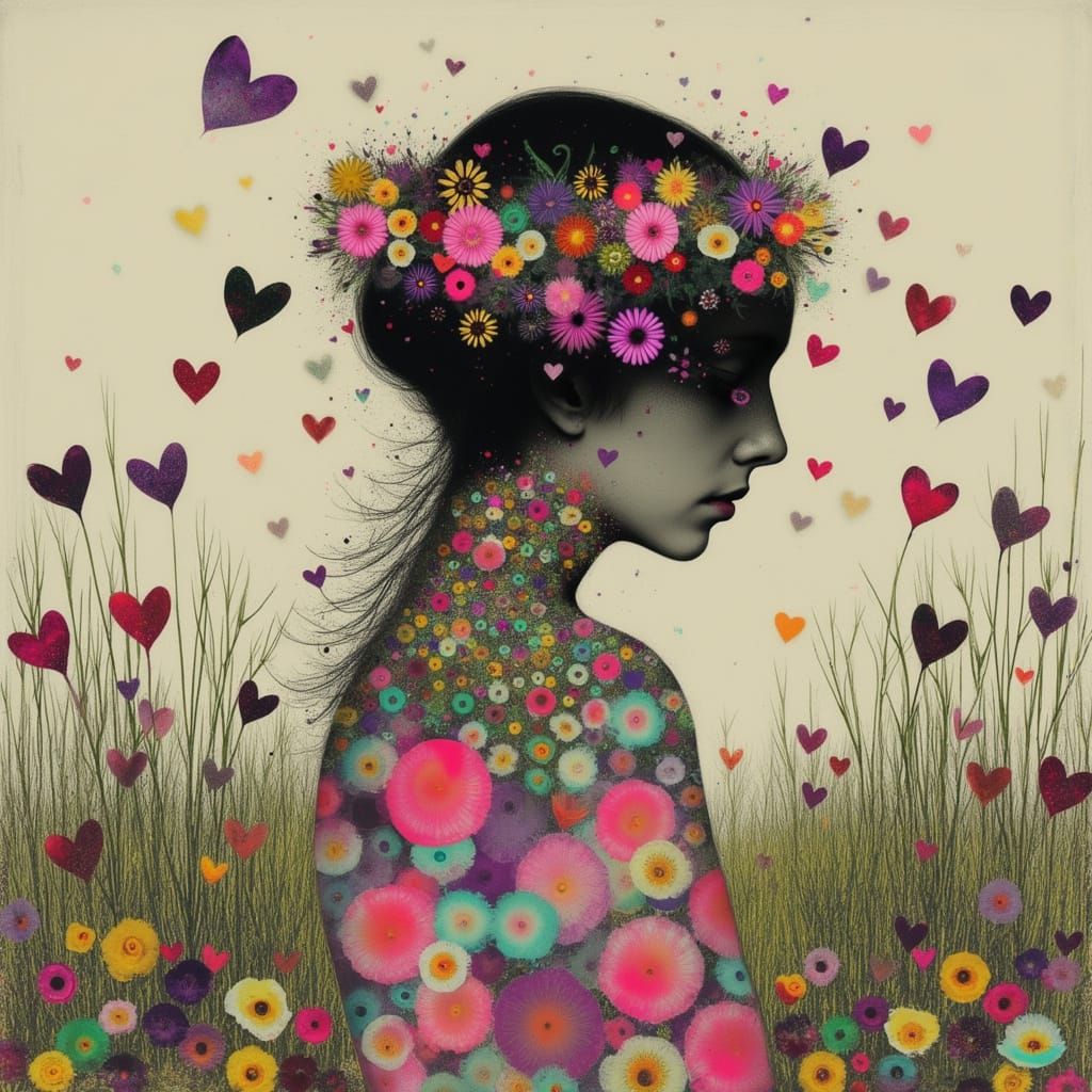 Ethereal Woman Amongst Flowers by Pond