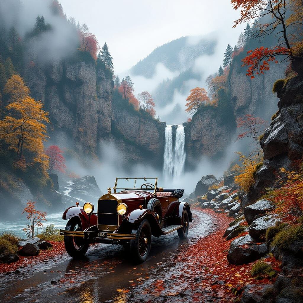 Vintage Steam Car on Autumn Mountain Pass